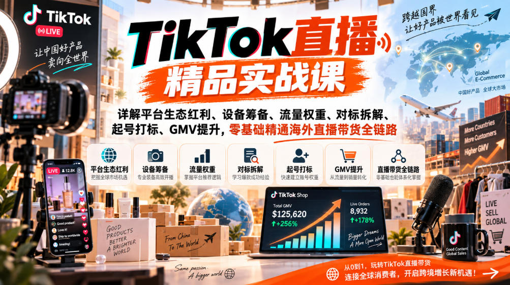 TikTok直播精品实战课，详解平台生态红利、设备筹备、流量权重、对标拆解、起号打标、GMV提升，零基础精通海外直播带货全链路 - 福创网