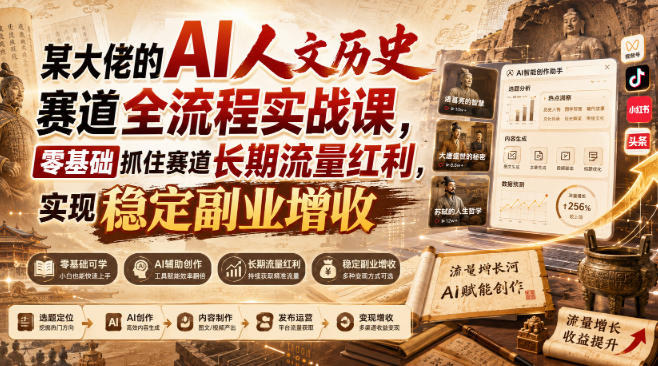 某大佬的AI人文历史赛道全流程实战课，零基础抓住赛道长期流量红利，实现稳定副业增收(更新) - 福创网