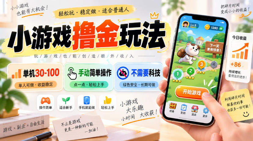 小游戏撸金玩法，单机30-100，手动简单操作，不需要科技 - 福创网