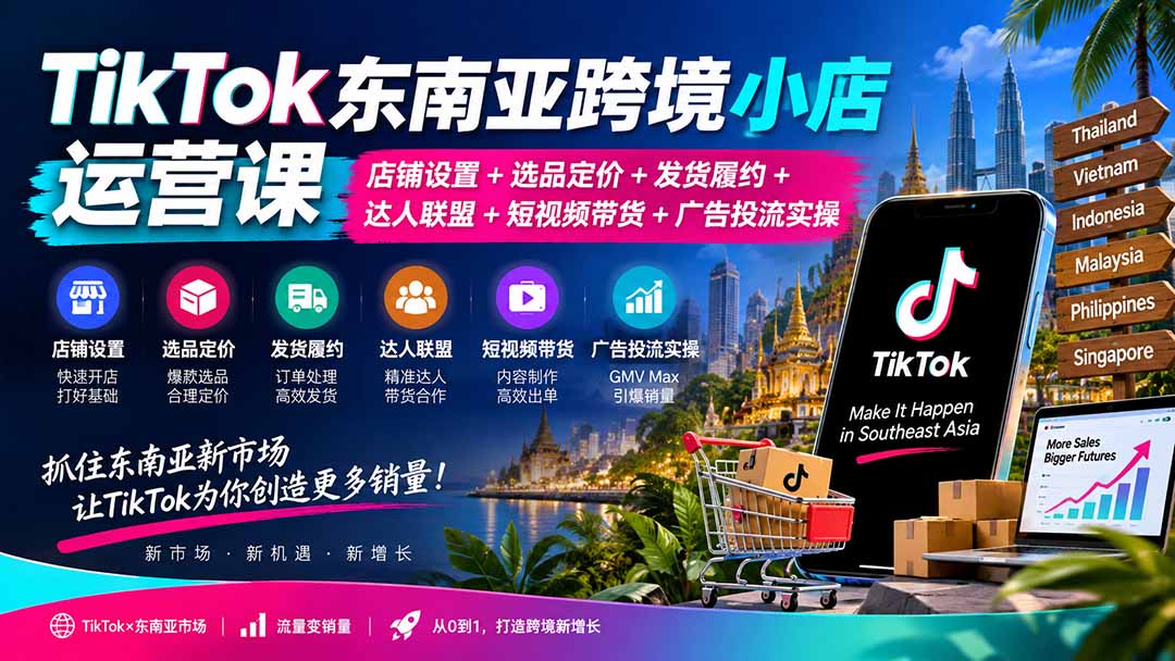 TikTok东南亚跨境小店运营课：店铺设置+选品定价+发货履约+达人联盟+短视频带货+广告投流实操 - 福创网