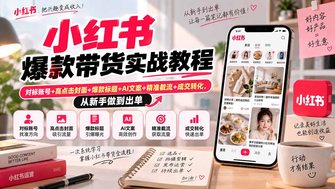 小红书爆款带货实战教程｜对标账号+高点击封面+爆款标题+AI文案+精准截流+成交转化，从新手做到出单 - 福创网