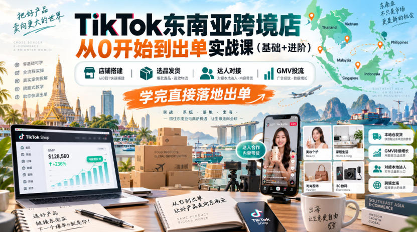 TikTok东南亚跨境店从0开始到出单实战课(基础+进阶)，店铺搭建、选品发货、达人对接、GMV投流，学完直接落地出单 - 福创网