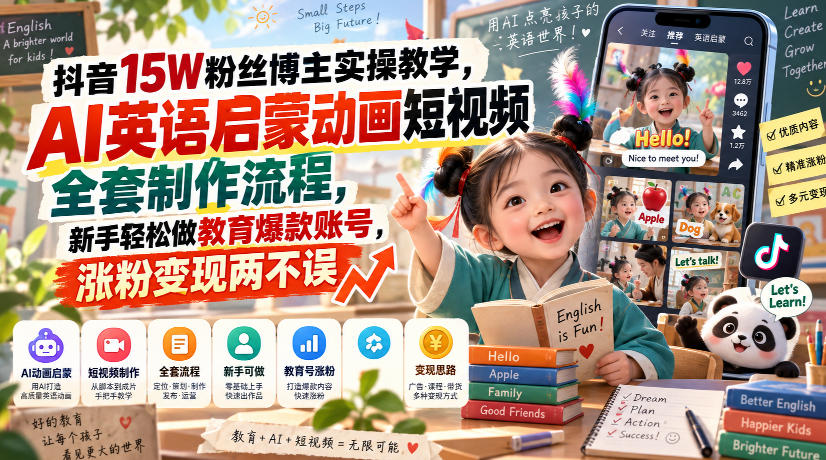 抖音15W粉丝博主实操教学，AI英语启蒙动画短视频全套制作流程，新手轻松做教育爆款账号，涨粉变现两不误 - 福创网