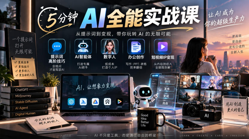 5分钟AI全能实战课｜提示词高阶技巧+AI智能体+数字人+办公创作+短视频IP变现全教程 - 福创网