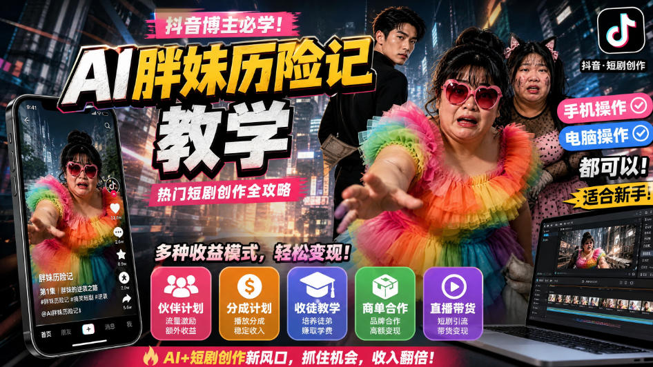 抖音博主的AI胖妹历险记教学，伙伴计划+分成计划+收徒+商单等多种收益，适合新手，手机电脑都可以操作 - 福创网