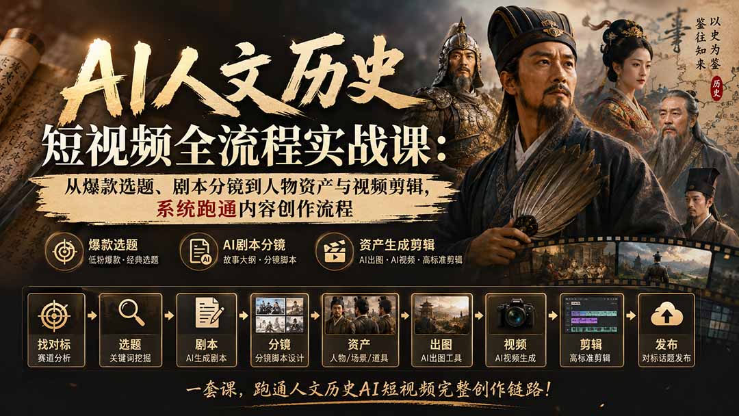AI人文历史短视频全流程实战课-更新：从爆款选题、剧本分镜到人物资产与视频剪辑，系统跑通内容创作流程 - 福创网