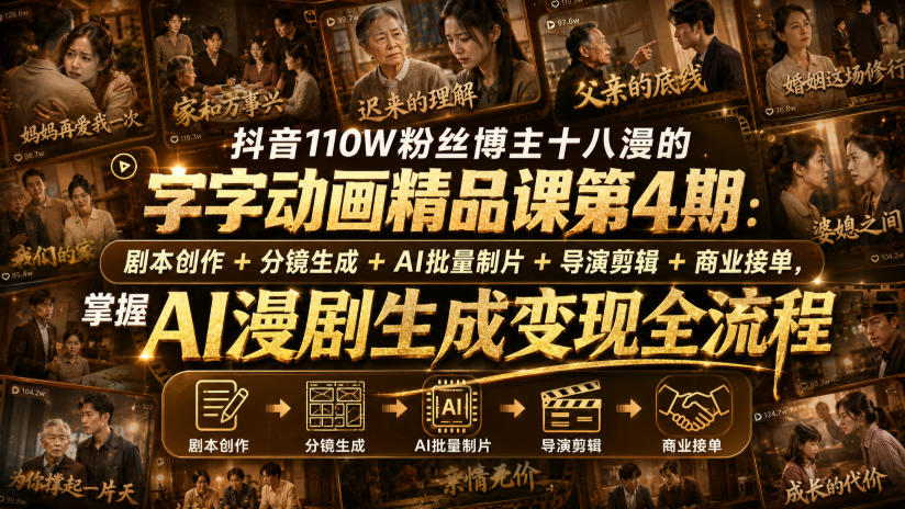 抖音110W粉丝博主十八漫的字字动画精品课第4期：剧本创作+分镜生成+剪辑+商业接单，掌握AI漫剧生成变现全流程(更新0916) - 福创网