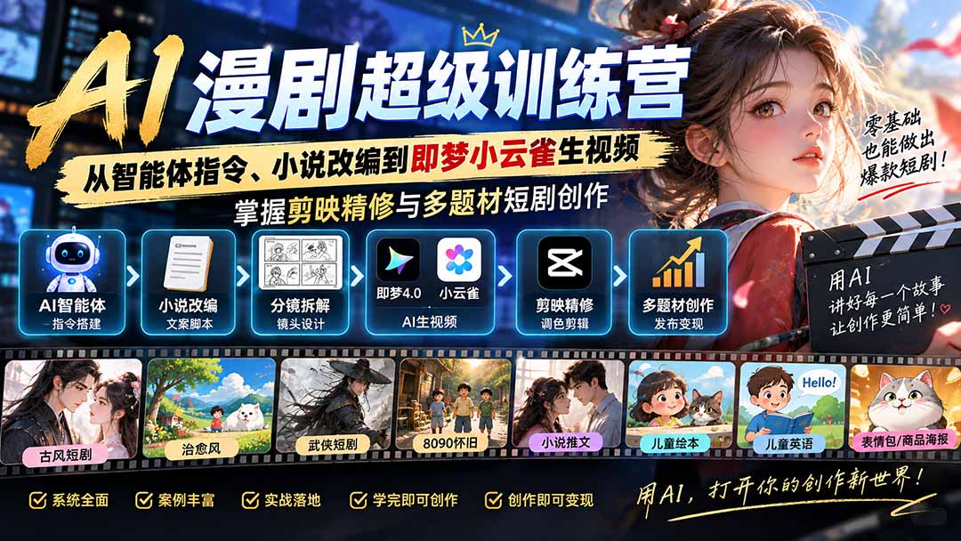 AI漫剧超级特训营：从智能体指令、小说改编到即梦小云雀生视频，掌握剪映精修与多题材短剧创作 - 福创网