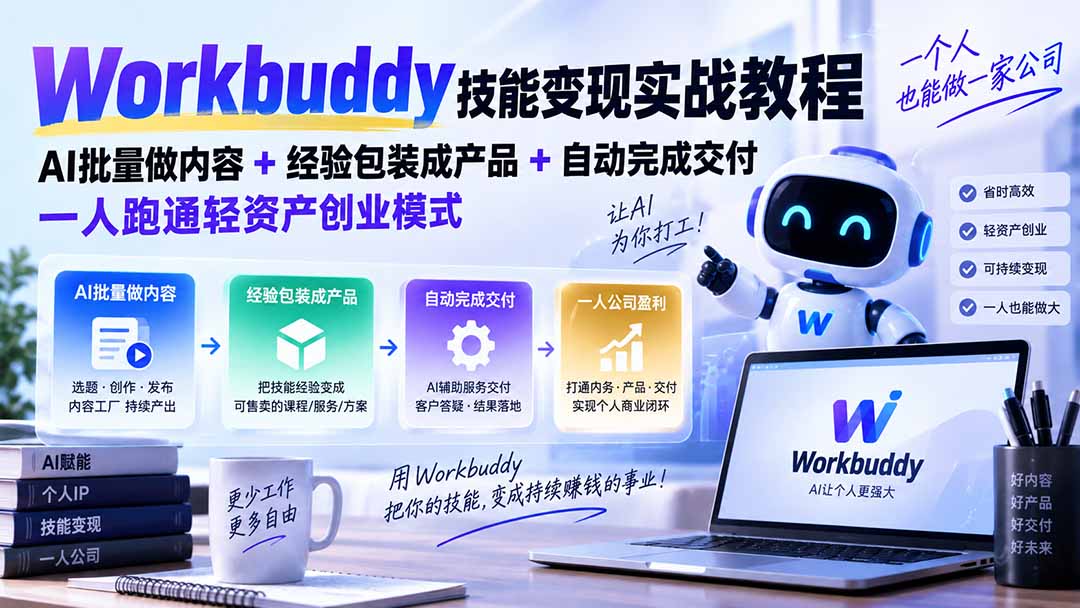 Workbuddy技能变现实战教程：AI批量做内容+经验包装成产品+自动完成交付，一人跑通轻资产创业模式 - 福创网