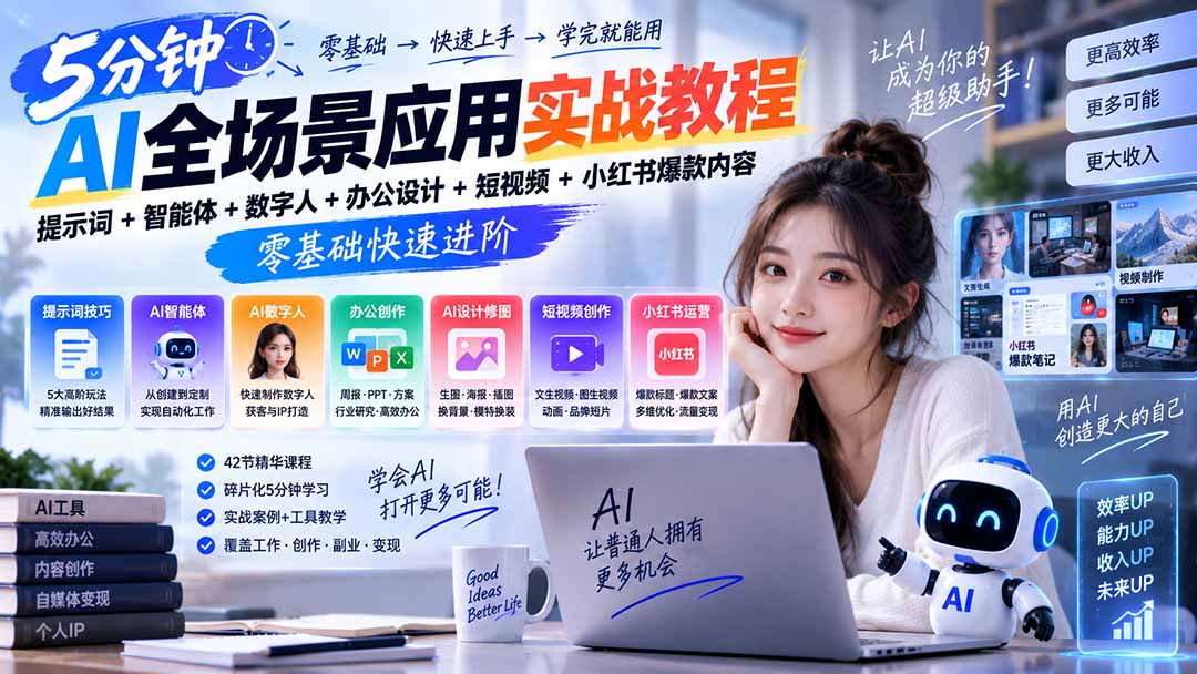 AI全场景应用实战教程｜提示词+智能体+数字人+办公设计+短视频+小红书爆款内容，零基础快速进阶 - 福创网