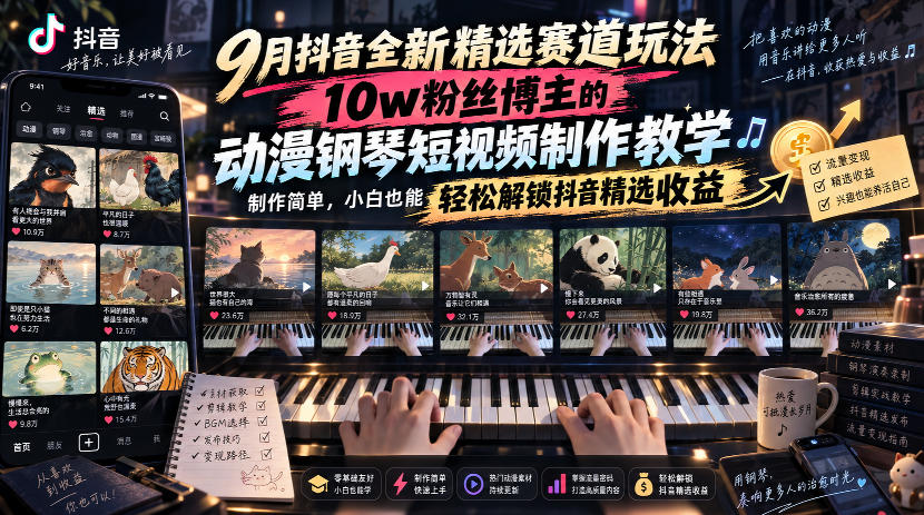 9月抖音全新精选赛道玩法，10w粉丝博主的动漫钢琴短视频制作教学，制作简单，小白也能轻松解锁抖音精选收益 - 福创网