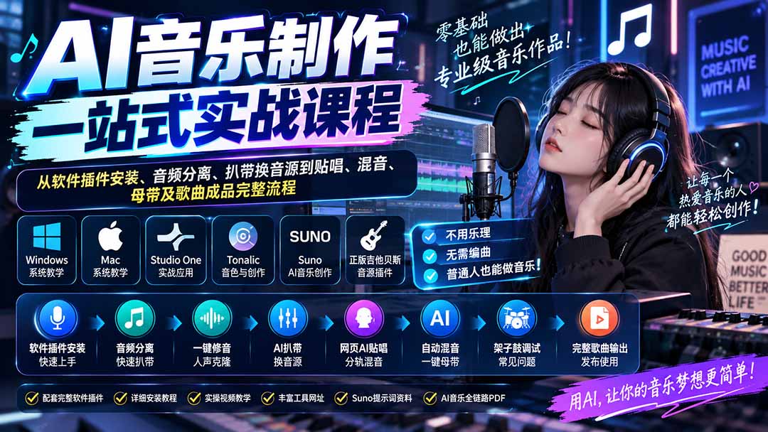 AI音乐制作一站式实战课程：从软件插件安装、音频分离、扒带换音源到贴唱、混音、母带及歌曲成品完整流程 - 福创网