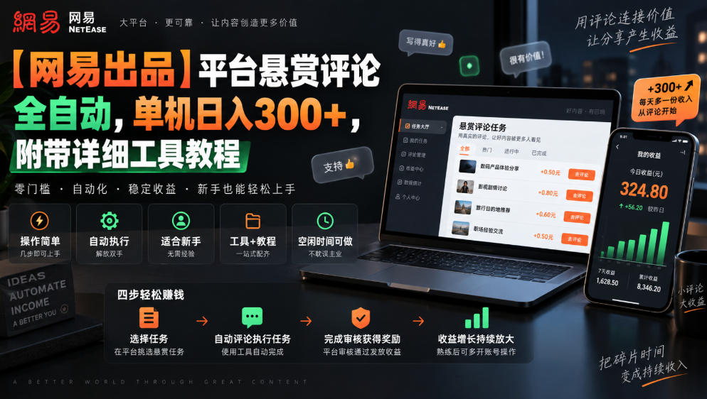 【网易出品】平台悬赏评论全自动，单机日入300+，附带详细工具教程【揭秘】 - 福创网