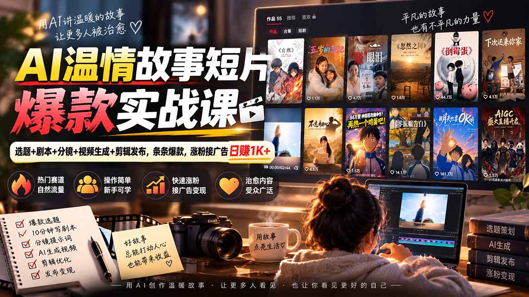 AI温情故事短片爆款实战课-更新｜选题+剧本+分镜+视频生成+剪辑发布，条条爆款，涨粉接广告日赚1K+ - 福创网