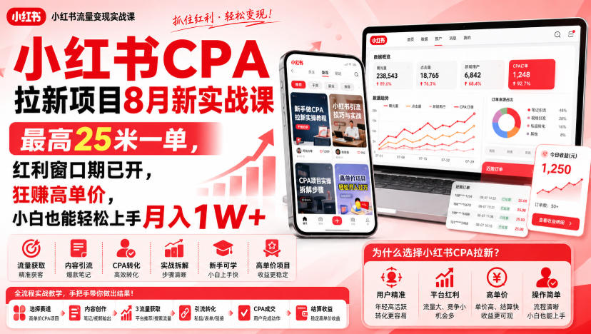 小红书CPA拉新项目8月新实战课，最高25米一单，红利窗口期已开，狂賺高单价，小白也能轻松上手月入1W+(更新0915) - 福创网