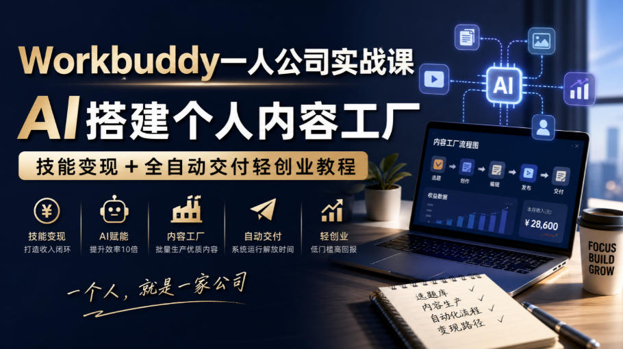 Workbuddy一人公司实战课，AI搭建个人内容工厂，技能变现+全自动交付轻创业教程​ - 福创网