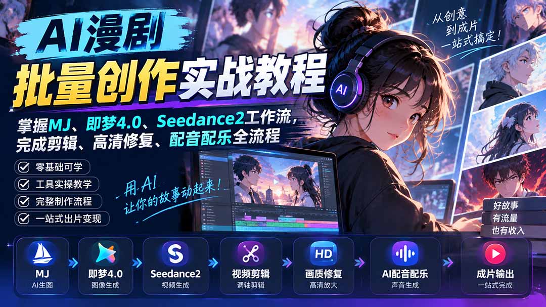AI漫剧批量创作实战教程：掌握MJ、即梦4.0、Seedance2工作流，完成剪辑、高清修复、配音配乐全流程 - 福创网