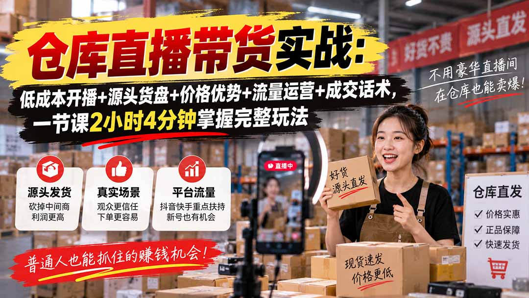 仓库直播带货实战：低成本开播+源头货盘+价格优势+流量运营+成交话术，一节课2小时4分钟掌握完整玩法 - 福创网