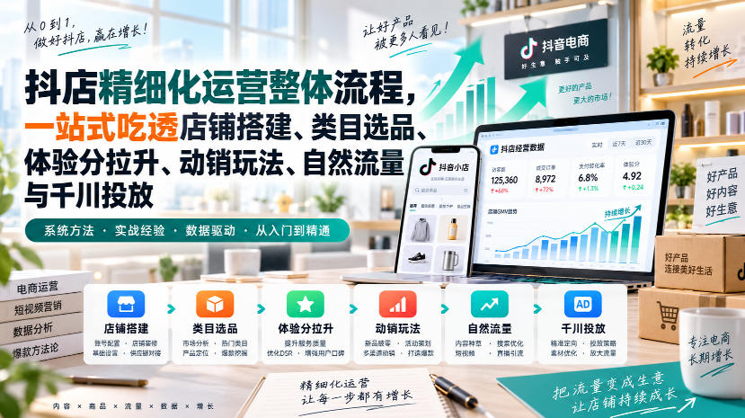 李哥电商-抖店精细化运营整体流程，一站式吃透店铺搭建、类目选品、体验分拉升、动销玩法、自然流量与千川投放 - 福创网