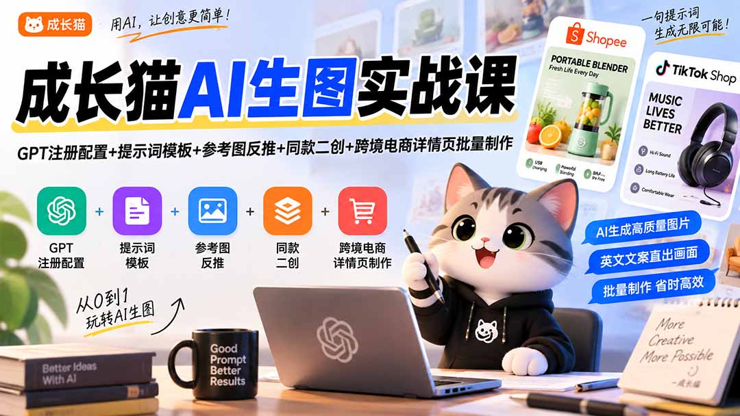 成长猫AI生图实战课｜GPT注册配置+提示词模板+参考图反推+同款二创+跨境电商详情页批量制作 - 福创网