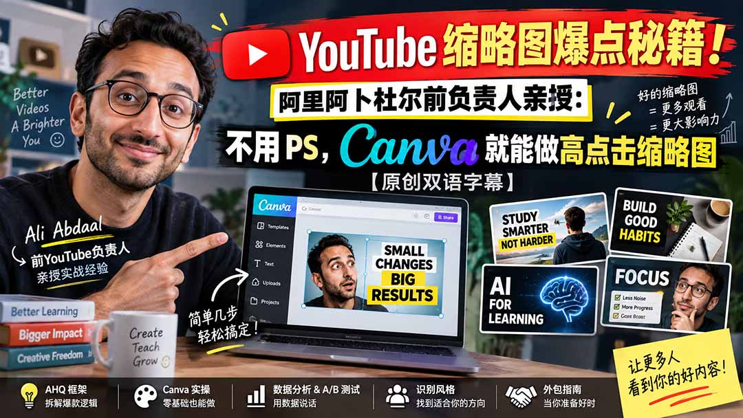 YouTube 缩略图爆点秘籍！阿里阿卜杜尔前负责人亲授：不用 PS，Canva 就能做高点击缩略图【原创双语字幕】 - 福创网