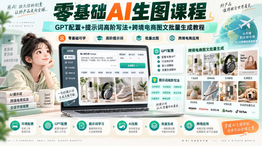零基础AI生图课程，GPT配置+提示词高阶写法+跨境电商图文批量生成教程 - 福创网
