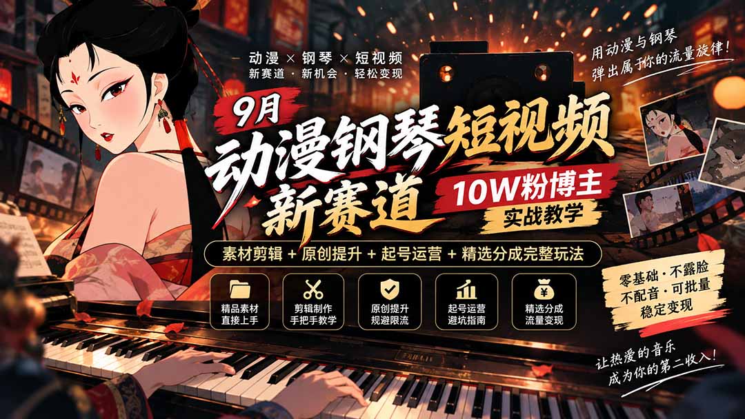 9月动漫钢琴短视频新赛道｜10W粉博主实战教学，素材剪辑+原创提升+起号运营+精选分成完整玩法 - 福创网