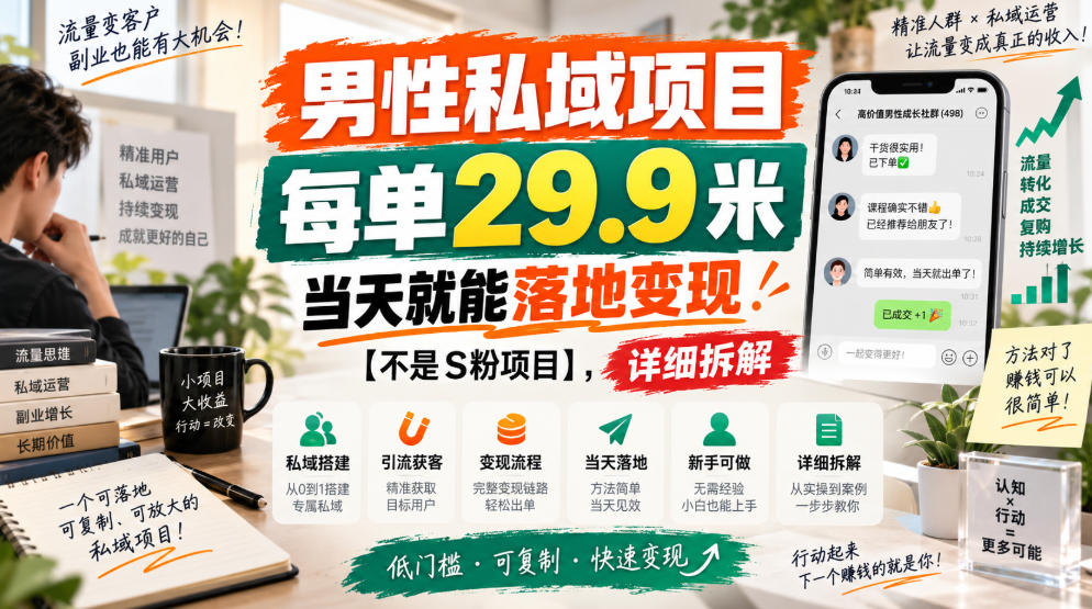 男性私域项目，每单29.9米，当天就能落地变现【不是S粉项目】，详细拆解 - 福创网