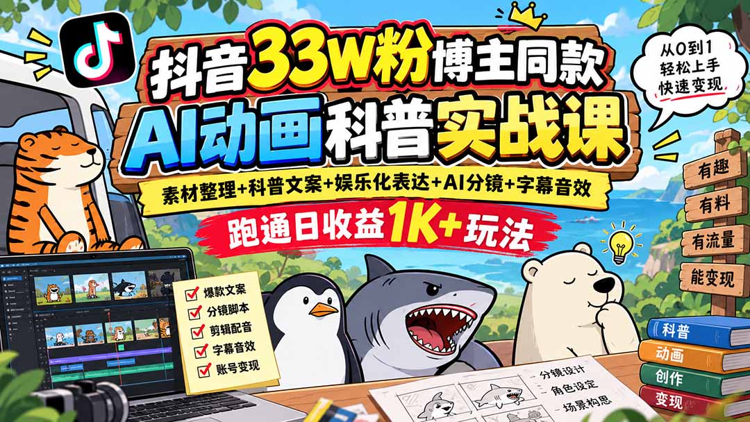 抖音33W粉博主同款AI动画科普实战课｜素材整理+科普文案+娱乐化表达+AI分镜+字幕音效，跑通日收益1K+玩法 - 福创网