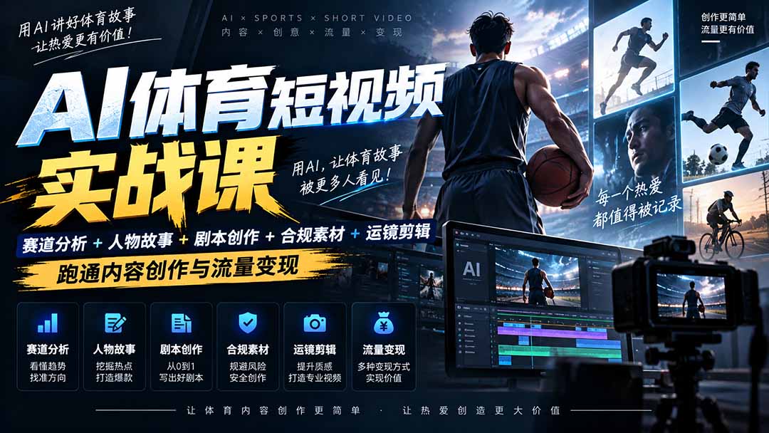 AI体育短视频赛道顶级玩法｜赛道分析+人物故事+剧本创作+版权处理+运镜剪辑，跑通流量变现-日赚1K+ - 福创网