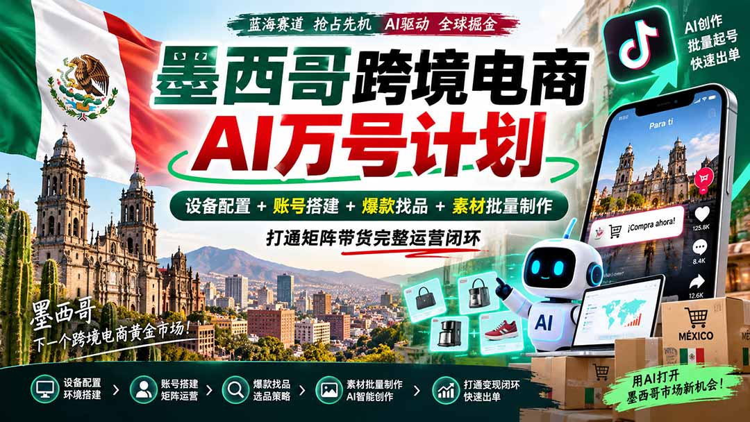 墨西哥AI跨境电商万号计划｜设备配置+账号搭建+爆款找品+素材批量制作，打通矩阵带货完整运营闭环 - 福创网