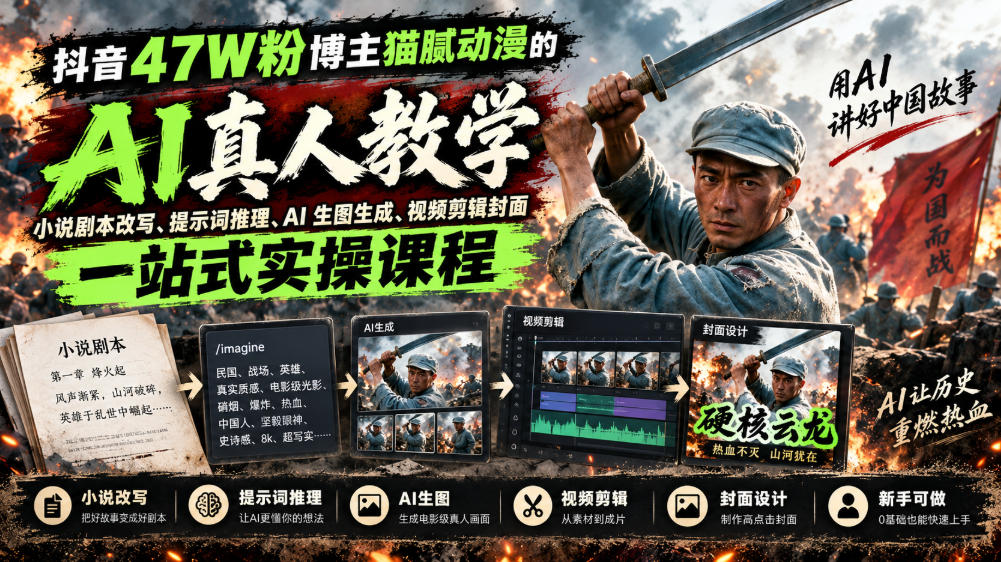 抖音47W粉博主猫腻动漫的AI真人漫剧教学，小说剧本改写、提示词推理、AI生图生成、视频剪辑封面一站式实操课程 - 福创网