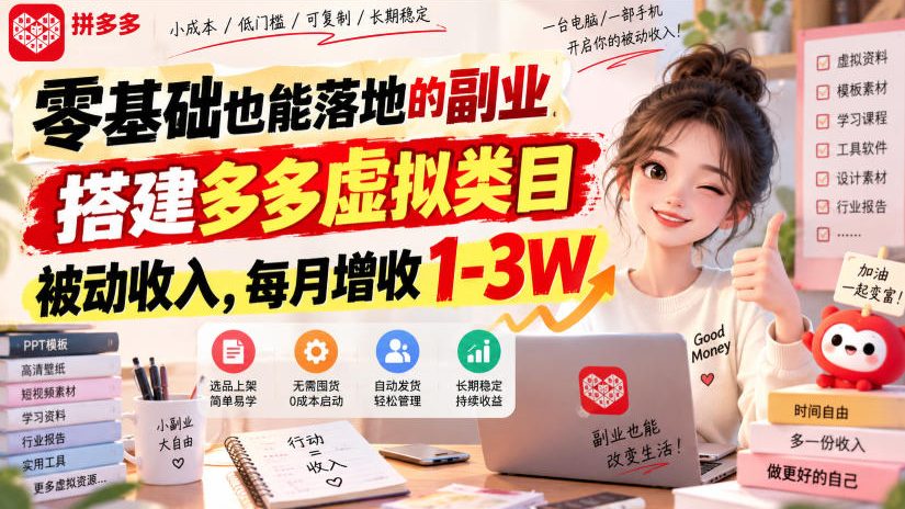 零基础也能落地的副业，搭建多多虚拟类目被动收入，每月增收1-3W【揭秘】 - 福创网