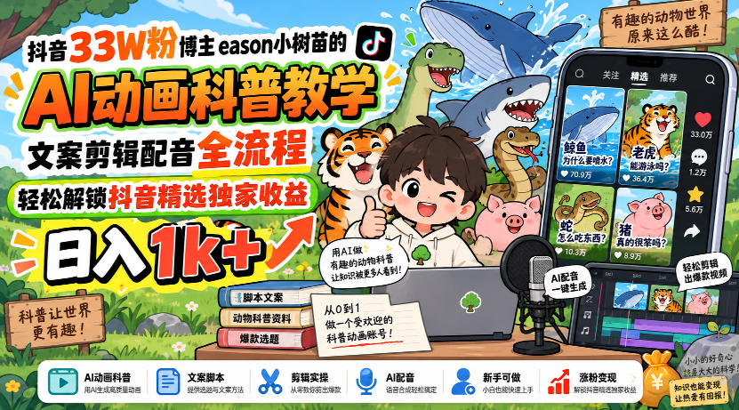 抖音33W粉博主eason小树苗的AI动画科普教学，文案剪辑配音全流程，轻松解锁抖音精选独家收益，日入1k+ - 福创网