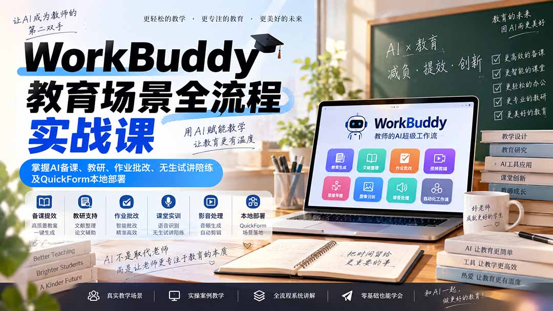 WorkBuddy教育场景全流程实战课：掌握AI备课、教研、作业批改、无生试讲陪练及QuickForm本地部署 - 福创网