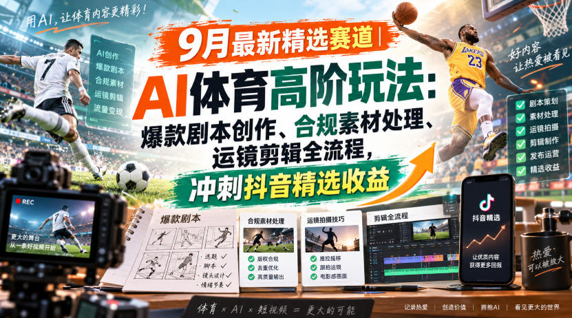 某大佬的9月最新精选赛道之AI体育顶级玩法，爆款剧本创作、版权规避、运镜剪辑全流程，稳拿抖音精选收益 - 福创网