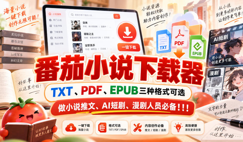 番茄小说下载器，TXT、PDF、EPUB三种格式可选，做小说推文、AI短剧、漫剧人员必备！！！ - 福创网