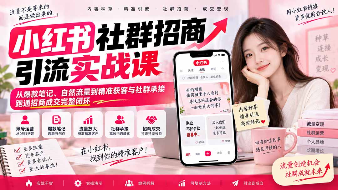 小红书社群招商引流实战课-无水印：从爆款笔记、自然流量到精准获客与社群承接，跑通招商成交完整闭环 - 福创网