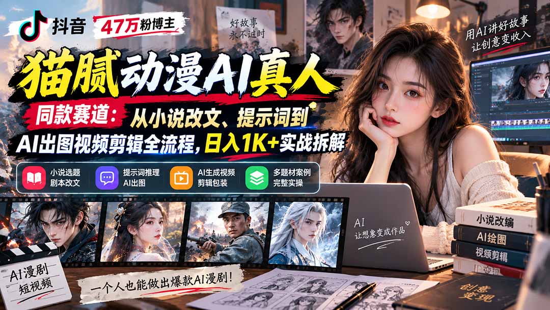 抖音47万粉博主猫腻动漫AI真人同款赛道：从小说改文、提示词到AI出图视频剪辑全流程，日入1K+实战拆解 - 福创网