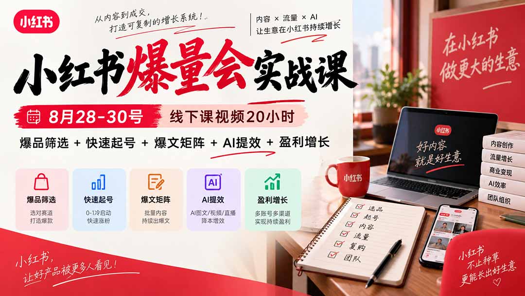 小红书爆量会实战课-更新9月17：线下课视频20小时，爆品筛选+快速起号+爆文矩阵+AI提效+盈利增长 - 福创网