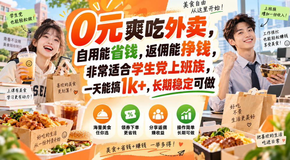 0元爽吃外卖，自用能省钱，返佣能挣钱，非常适合学生党上班族，一天能搞1k+，长期稳定可做 - 福创网