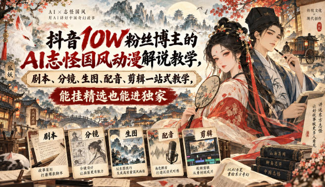 抖音10W粉丝博主满堂诡事的AI志怪国风动漫解说教学，剧本、分镜、生图、配音、剪辑一站式教学，能挂精选也能进独家​ - 福创网