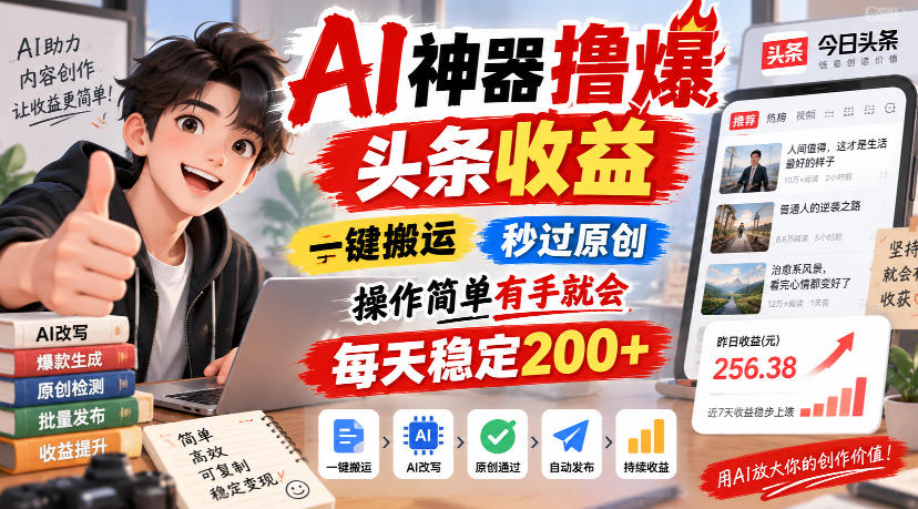 AI神器撸爆头条收益，一键搬运，秒过原创，操作简单有手就会，每天稳定200+【揭秘】 - 福创网