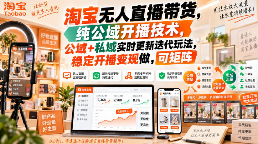 淘宝无人直播带货，纯公域开播技术，公域+私域实时更新迭代玩法，稳定开播变现做，可矩阵【揭秘】 - 福创网