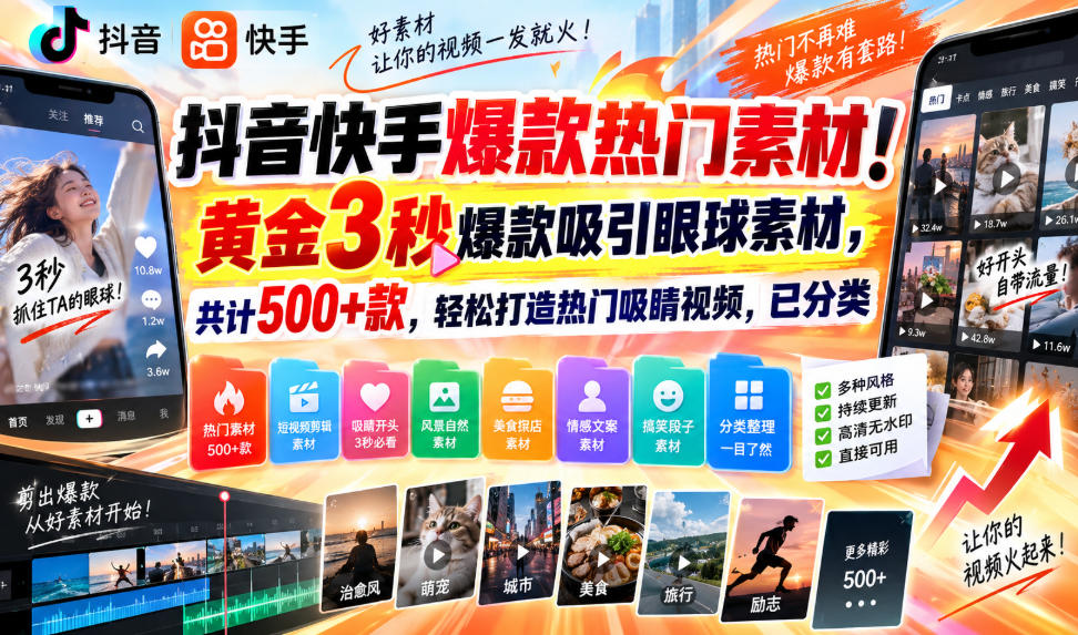 抖音快手爆款热门素材！黄金3秒爆款吸引眼球素材，共计500+款，轻松打造热门吸睛视频，已分类 - 福创网
