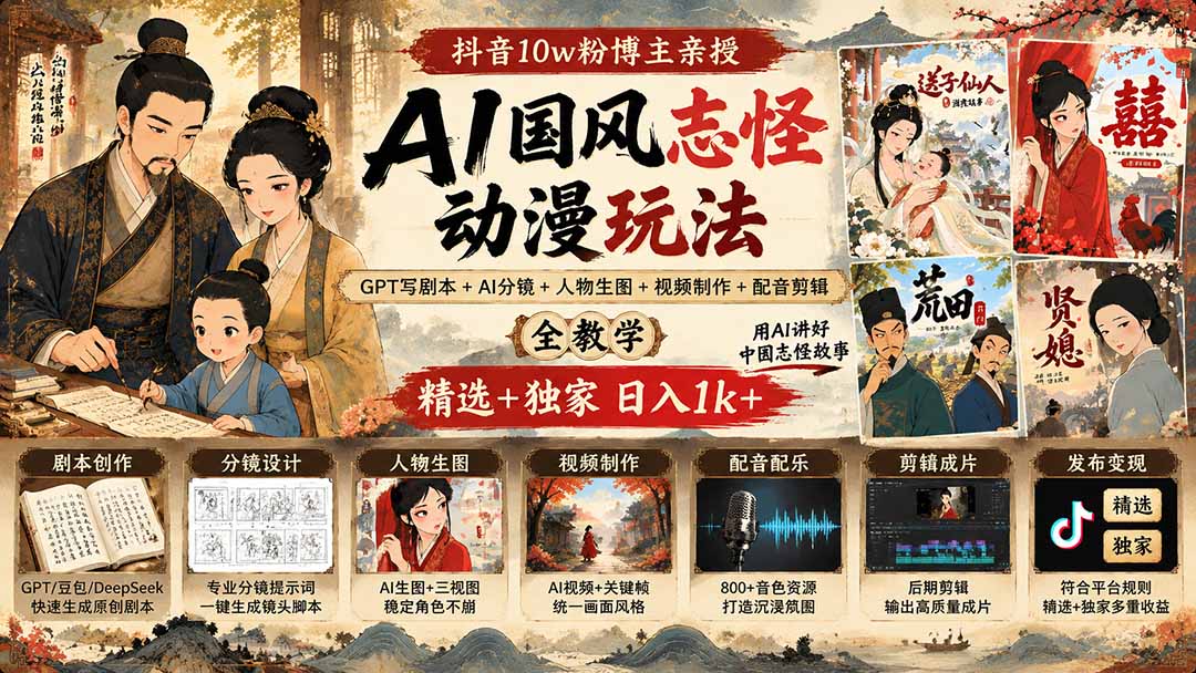抖音10w粉博主亲授AI国风志怪动漫玩法｜GPT写剧本+AI分镜+人物生图+视频制作+配音剪辑全教学｜精选+独家日入1k+ - 福创网