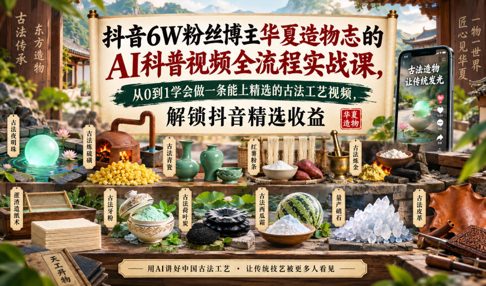 抖音6W粉丝博主华夏造物志的AI科普视频全流程实战课，从0到1学会做一条能上精选的古法工艺视频，解锁抖音精选收益 - 福创网