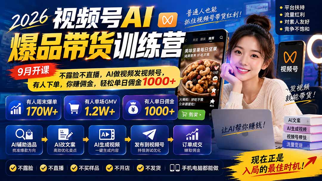 2026视频号AI爆品带货训练营-9月开课｜不露脸不直播，AI做视频发视频号，有人下单，你赚佣金，轻松单日佣金1000+ - 福创网
