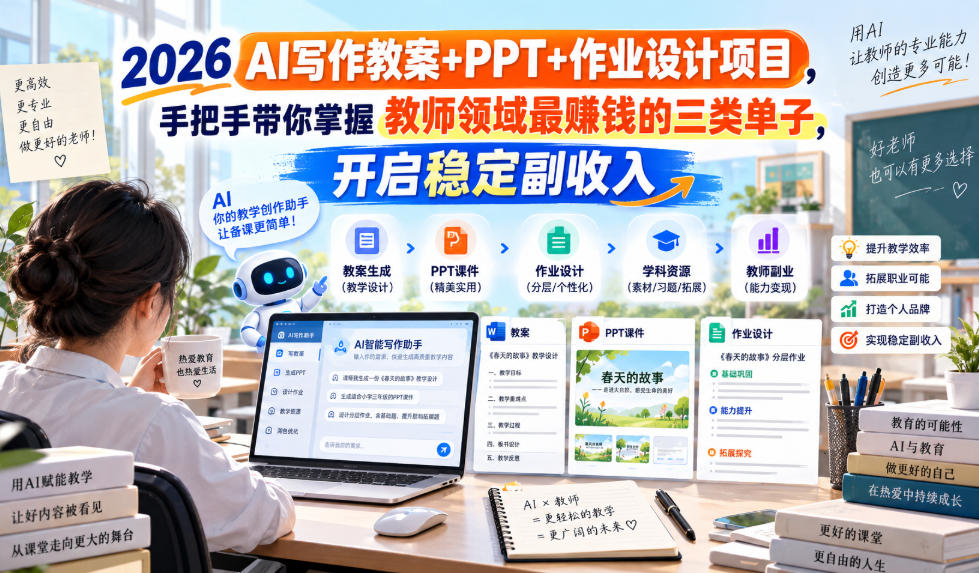 2026 AI写作教案+PPT+作业设计项目，手把手带你掌握教师领域最賺钱的三类单子，开启稳定副收入 - 福创网