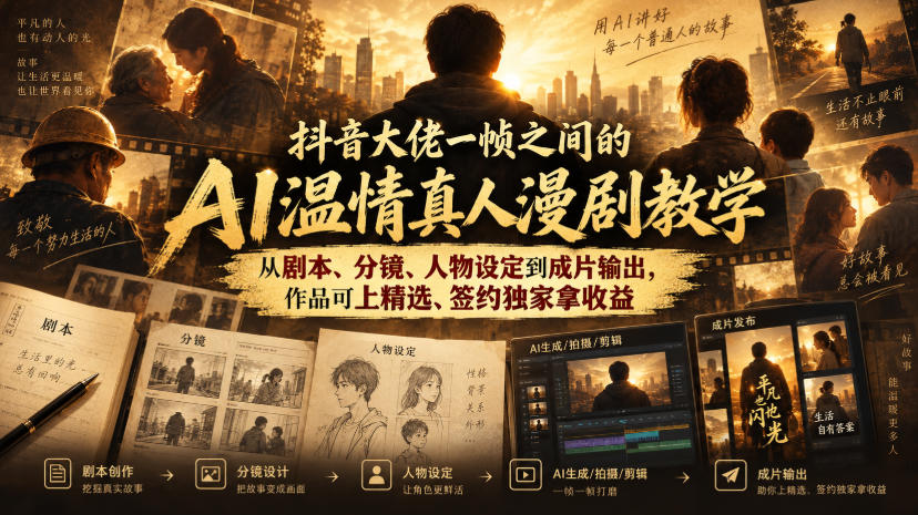抖音大佬一帧之间的AI温情真人漫剧教学，从剧本、分镜、人物设定到成片输出，作品可上精选、签约独家拿收益 - 福创网